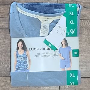 NWT's -LUCKY BRAND- 3 Piece Blue Pajama Set - Tee, Tank and Shorts Set - Size XL